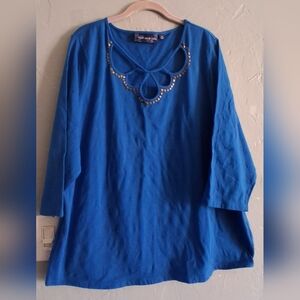 Susan Graver Royal Blue Blouse with Embellished Neckline